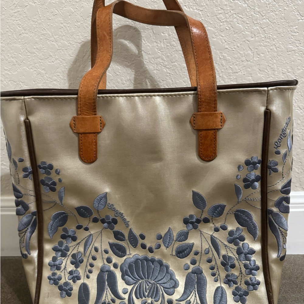 Consuela Floral Embroidered Tote Bag - Tan and Blue